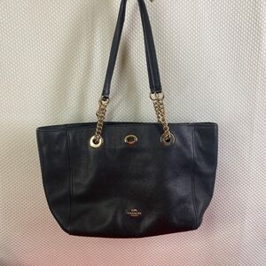 Coach Turnlock Chain Tote 27 (Style #57107) in Black Polished Pebble Leather.